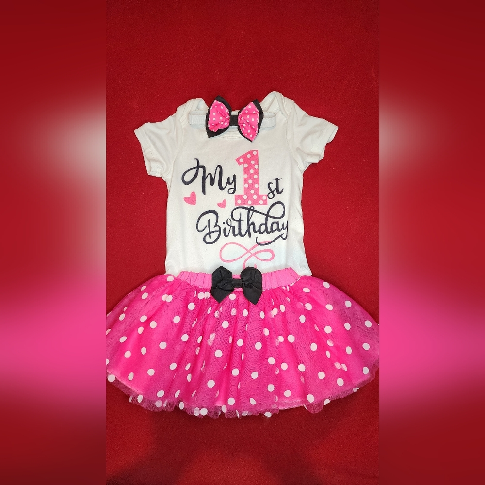 3pcs 1st Birthday Baby Girl Clothes Set, Romper, Polka Dot Skirt with Headband.